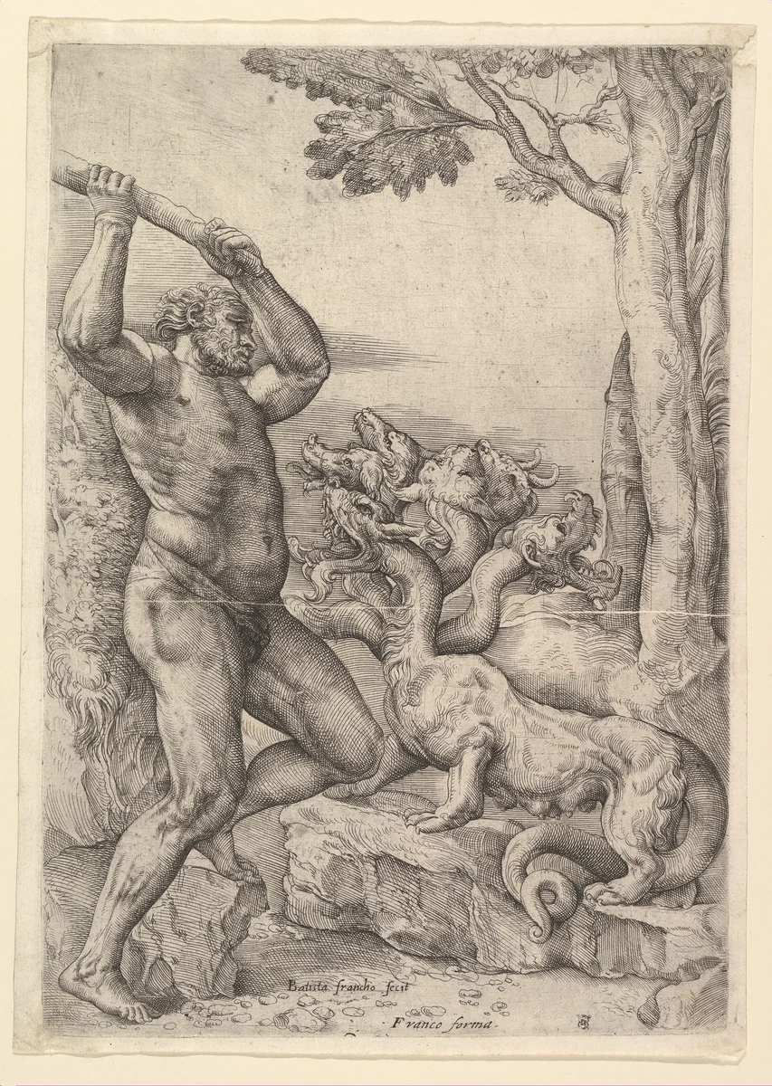 Hercules Killing the Hydra of Lerna by Battista Franco, print, 1552-1565