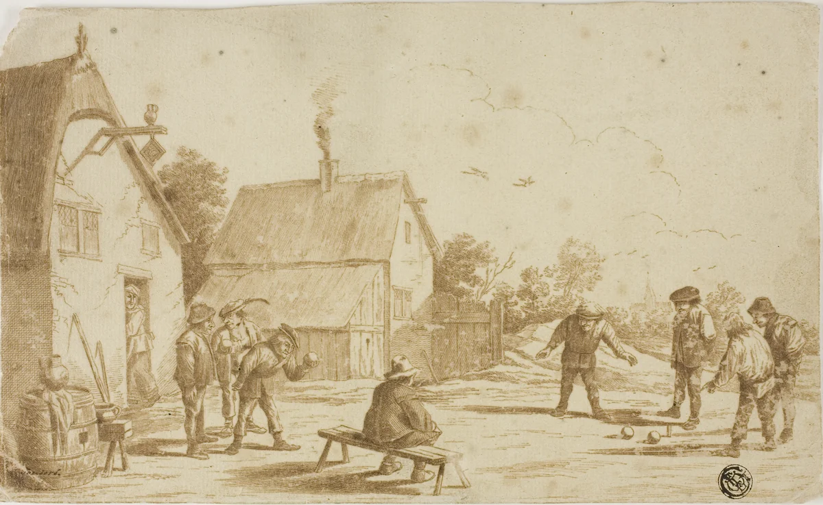 Men Playing Boules Outside Tavern by David Teniers the Younger, drawing, 1630-1690