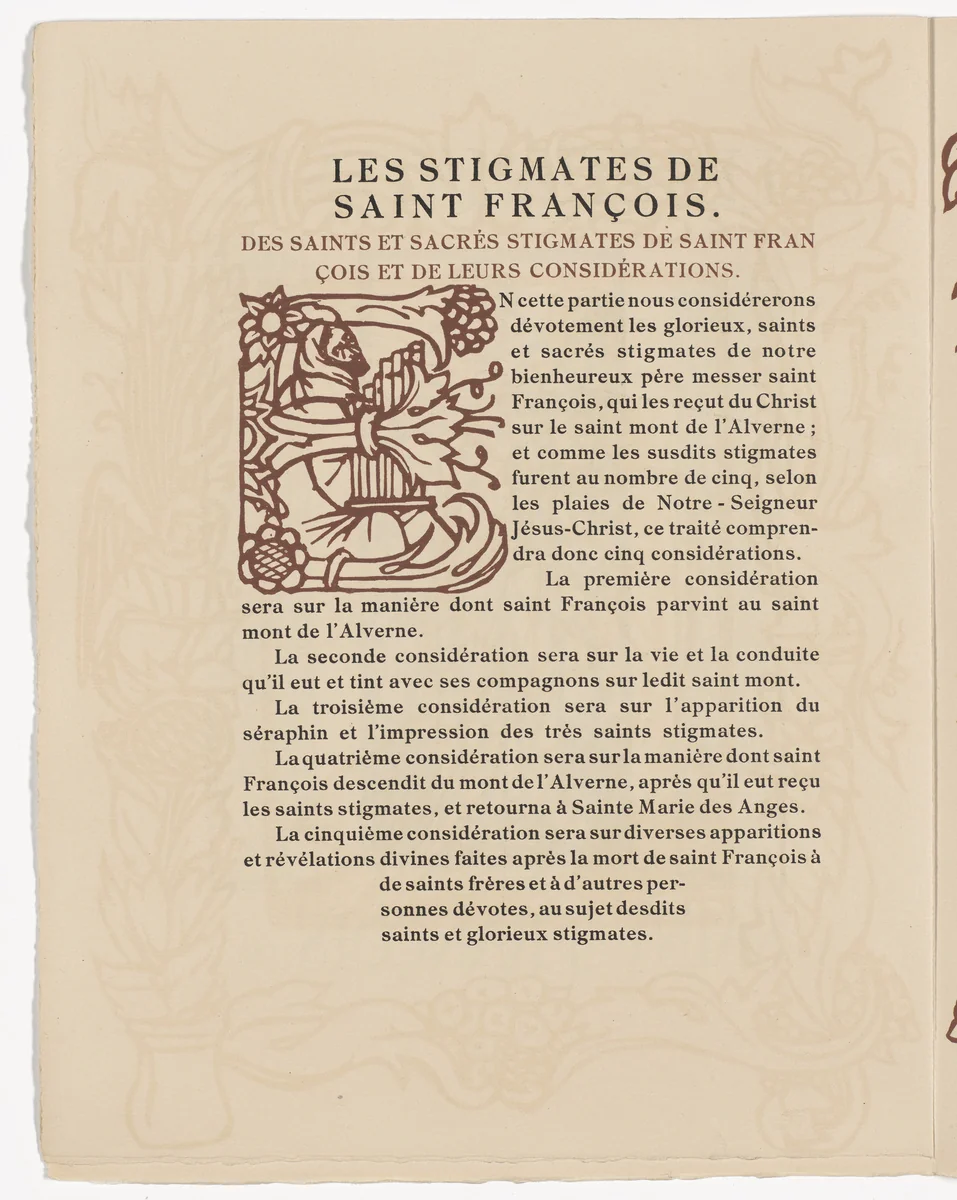 Pictorial initial (page 302) from Les Petites Fleurs de St. François (The Little Flowers of St. Francis) by Émile Bernard, illustrated book, 1928