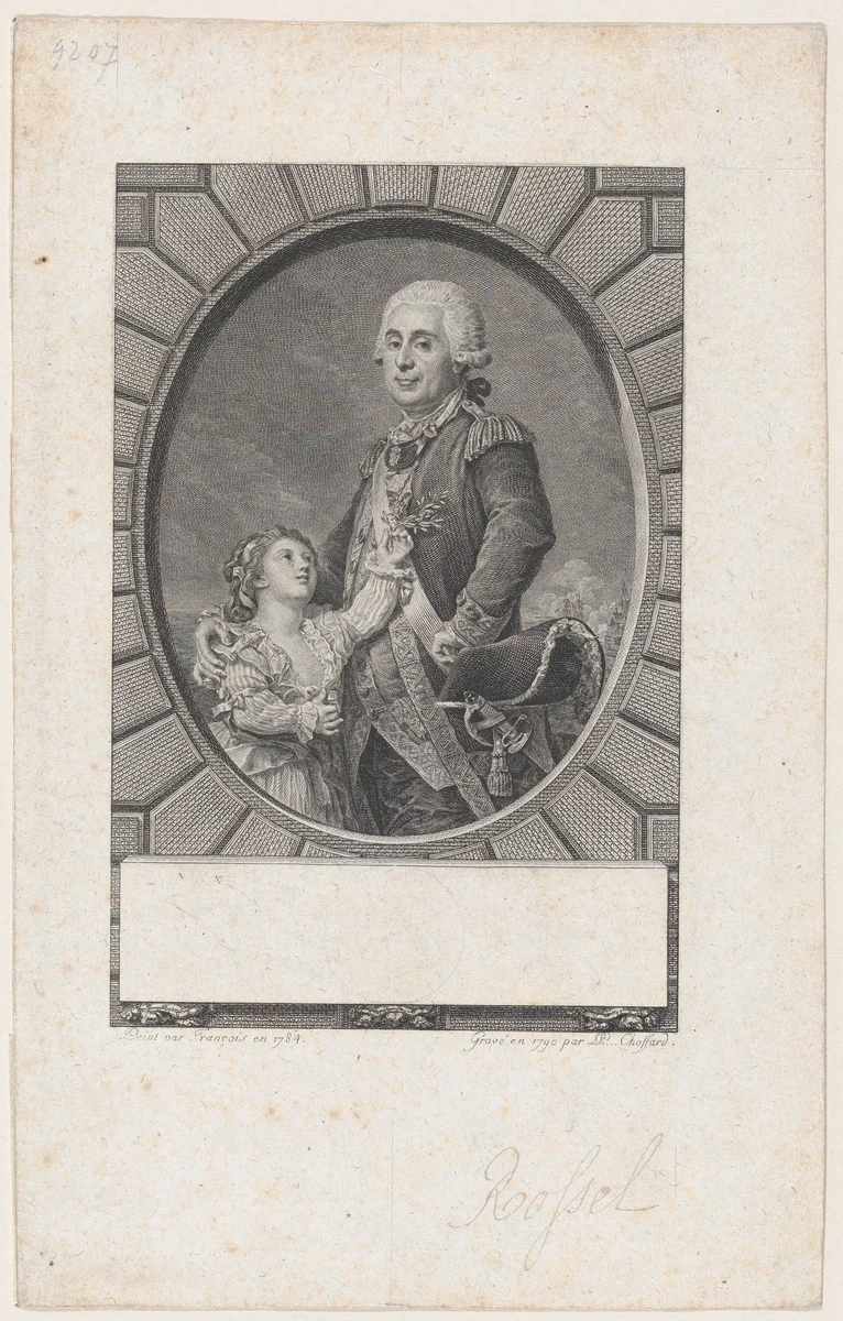 Potrait of Marquis Auguste-Louis Rossel de Cercy (1736-1804) with his daughter by Pierre Philippe Choffard, print, 1790