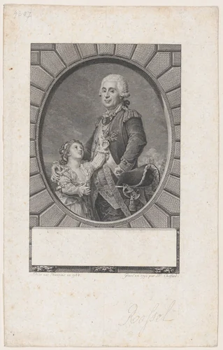 Potrait of Marquis Auguste-Louis Rossel de Cercy (1736-1804) with his daughter by Pierre Philippe Choffard, print, 1790
