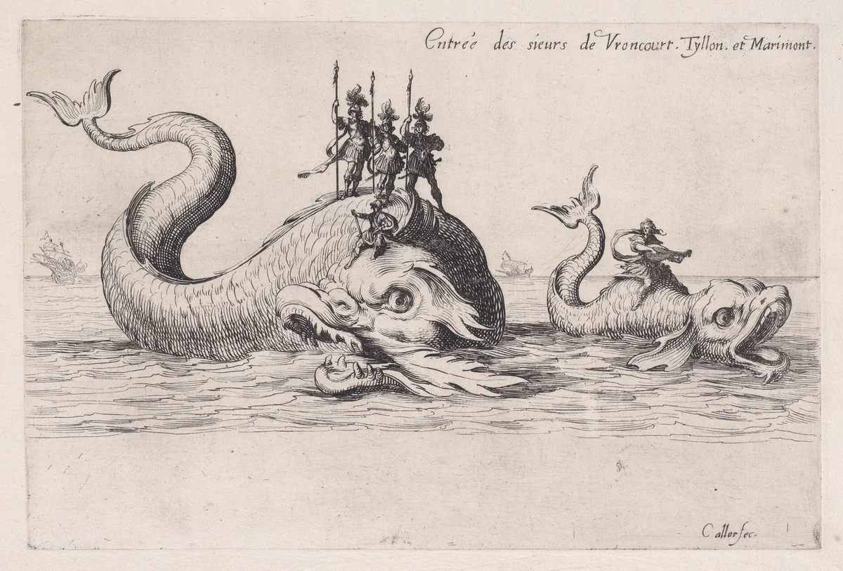 Entrée de MM. de Vroncourt, Tyllon, et Marimont (Entrances of Monsieur de Vroncourt, of Monsieur de Tyllon, and Monsieur de Marimont), from "Le Combat a la Barrière" by Jacques Callot, print, 1627