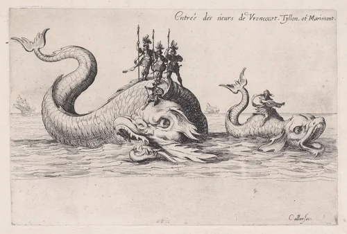 Entrée de MM. de Vroncourt, Tyllon, et Marimont (Entrances of Monsieur de Vroncourt, of Monsieur de Tyllon, and Monsieur de Marimont), from "Le Combat a la Barrière" by Jacques Callot, print, 1627