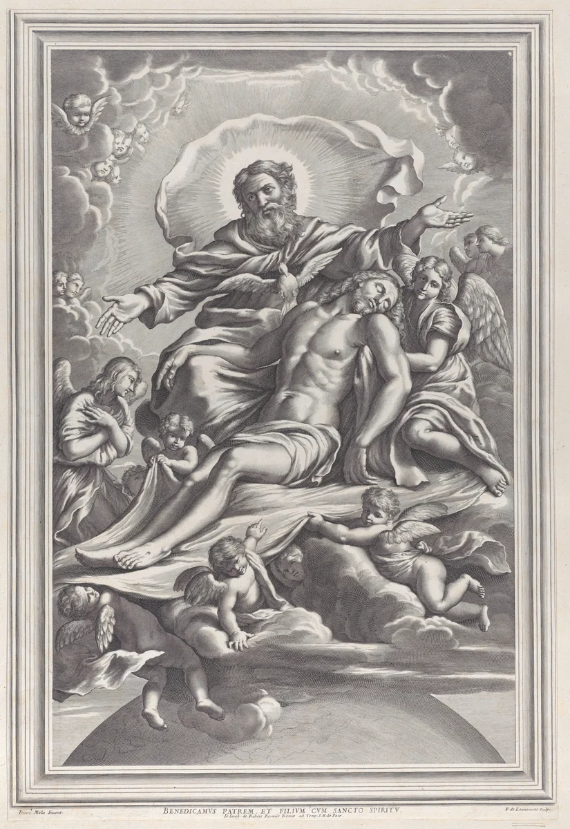 The Holy Trinity, with the dead Christ at center surrounded by angels, God the Father, and the Holy Spirit by F. de Louvement, print, 1650-1690