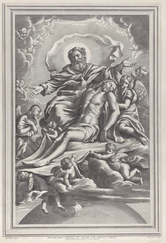 The Holy Trinity, with the dead Christ at center surrounded by angels, God the Father, and the Holy Spirit by F. de Louvement, print, 1650-1690