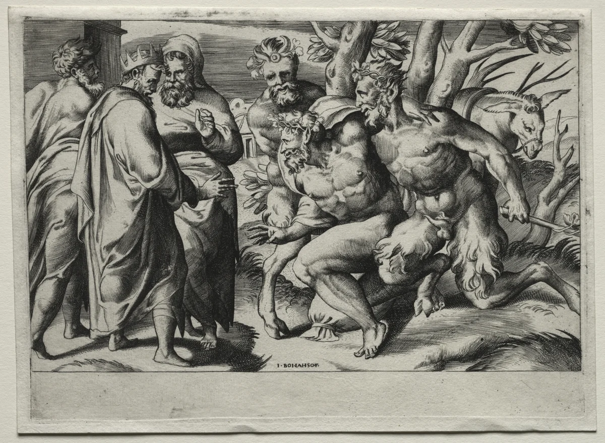 Silenus and King Midas by Giulio Bonasone, print, 1525-1575