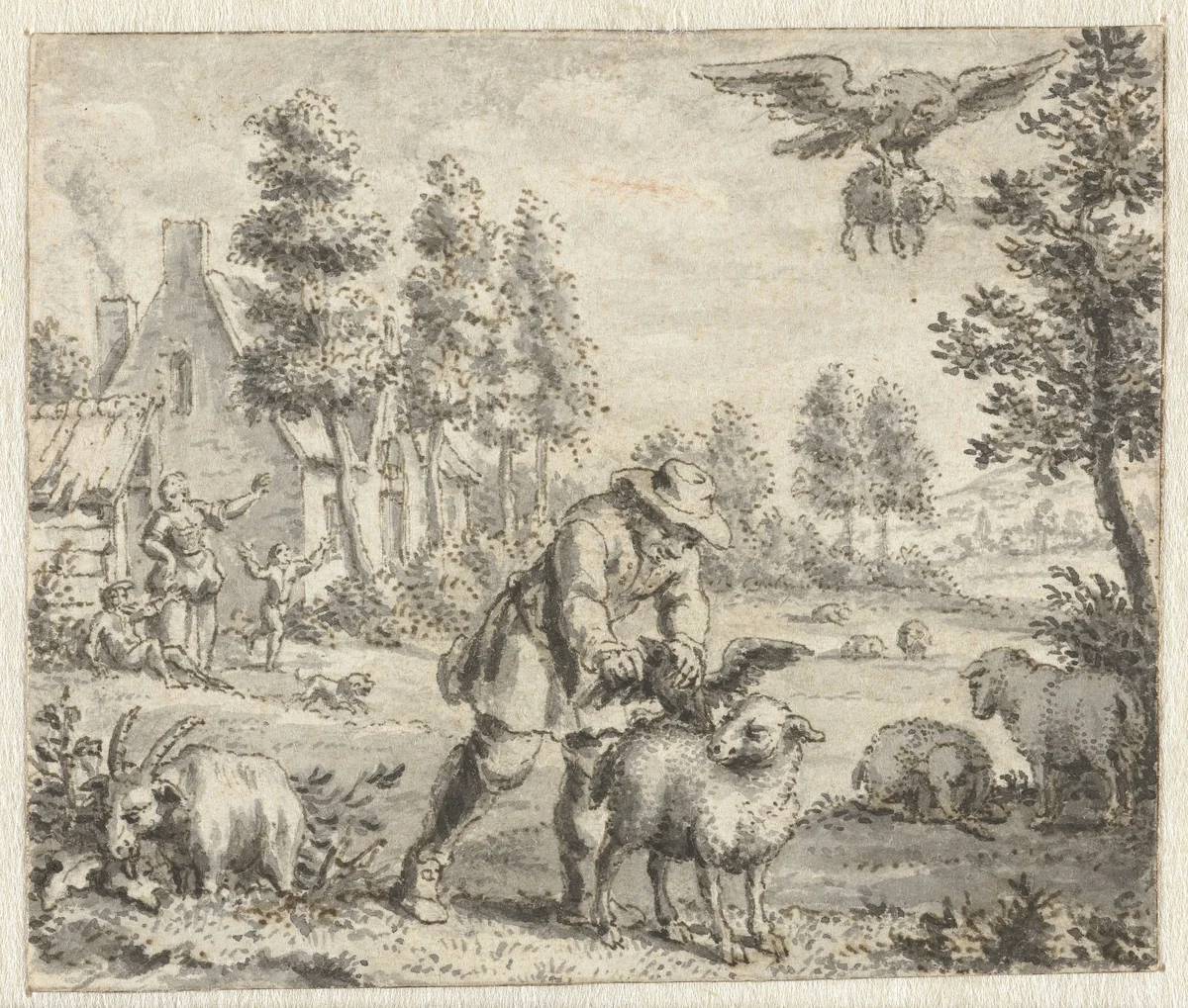 Raaf die de adelaar wil imiteren by anonymous, drawing, 1668-1740