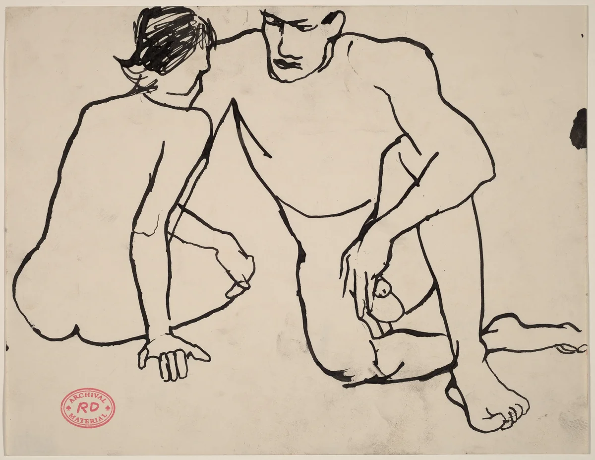 Untitled [a male and female nude seated on the floor] by Richard Diebenkorn, drawing, 1955-1967