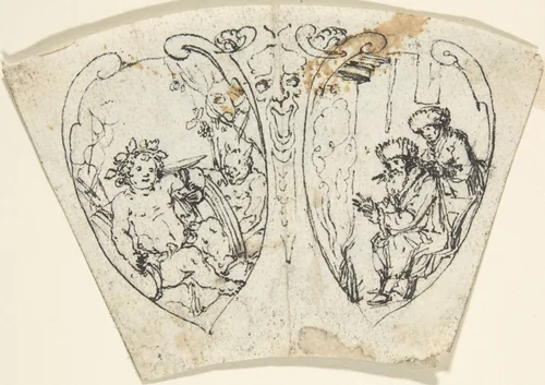 Design for a Cup (?) with Bacchus and Two Figures Warming Themselves (January) by anonymous, drawing, 1800-1900