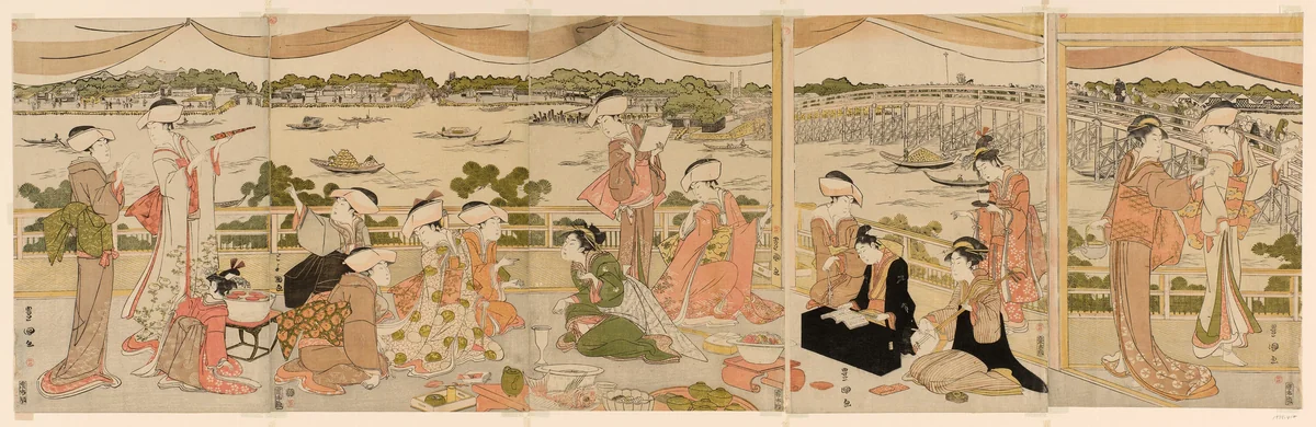 Recital on a verandah overlooking Sumida River by Utagawa Toyokuni I (初代 歌川 豊国), print, 1785-1800