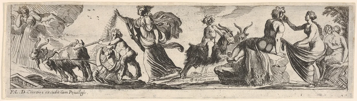 Ceres sows seeds and walks behind a goat-drawn plough, at right a man draped with a lion skin grasps a woman's garment and a female satyr receives an embrace from another figure, from a series of twelve frieze-like designs showing bacchanals, sacrifices, and dances by Pierre Brebiette, print, 1617-1625