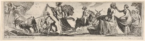 Ceres sows seeds and walks behind a goat-drawn plough, at right a man draped with a lion skin grasps a woman's garment and a female satyr receives an embrace from another figure, from a series of twelve frieze-like designs showing bacchanals, sacrifices, and dances by Pierre Brebiette, print, 1617-1625