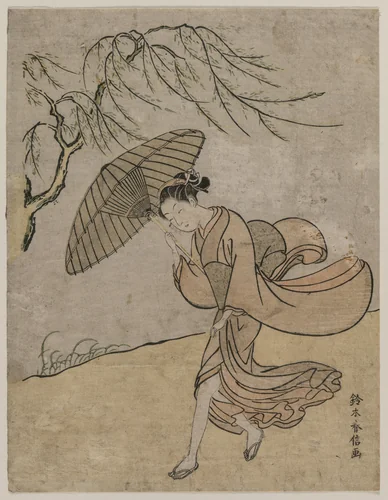 Woman Running Past a Willow Tree in a Breeze by Suzuki Harunobu (鈴木春信), print, 1766-1767