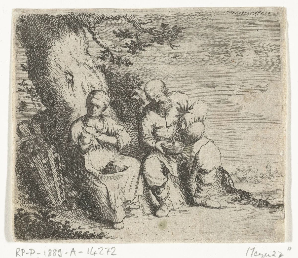 Een man en een vrouw zitten te eten onder een boom by Willem Basse, print, 1633-1672