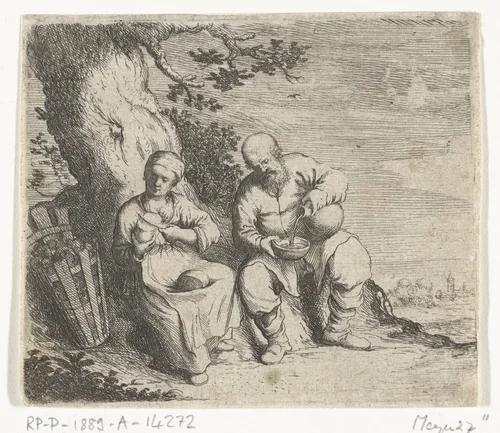 Een man en een vrouw zitten te eten onder een boom by Willem Basse, print, 1633-1672