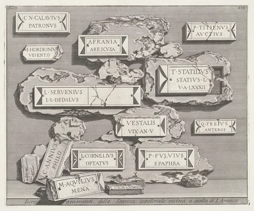 Inscripties en fragmenten uit een grafkelder by Giovanni Battista Piranesi, print, 1756-1757