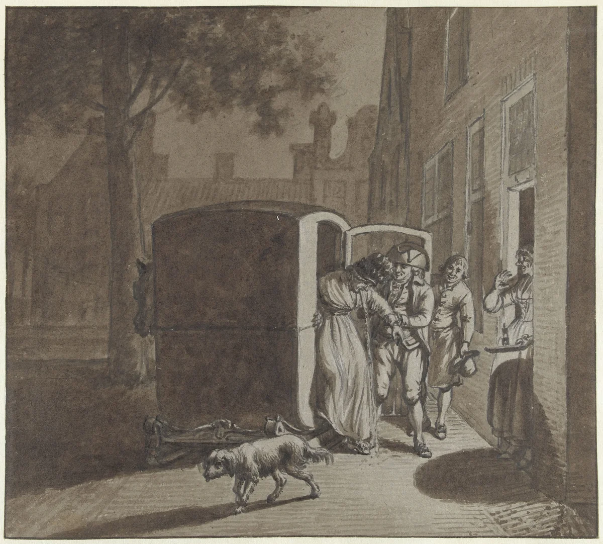 De thuiskomst van twee leden van de vriendenkring by Jacob Cats, drawing, 1751-1799