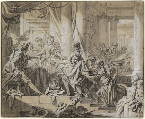 Sancho Fleeing from the Servants of the Duke by François Boucher, drawing, 1735-1736