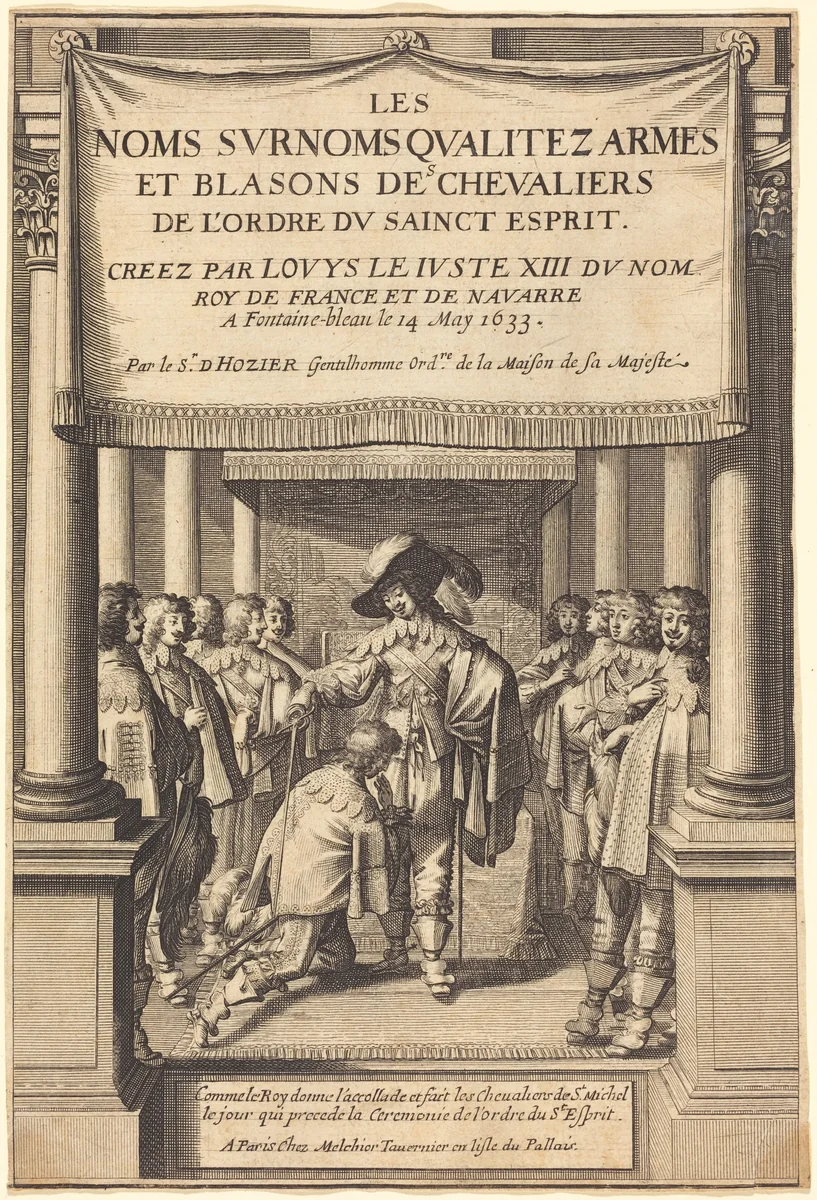 The King Giving the Accolade and Creating Knights of S. Michel Who Receive the Order of the Holy Spirit by Abraham Bosse, print, 1633