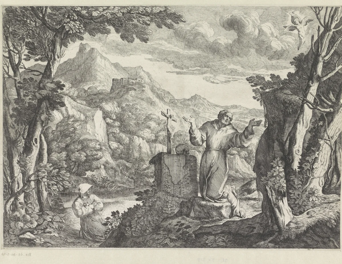 De heilige Franciscus ontvangt de stigmata by Giovanni Francesco Grimaldi, print, 1616-1680
