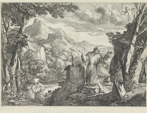 De heilige Franciscus ontvangt de stigmata by Giovanni Francesco Grimaldi, print, 1616-1680