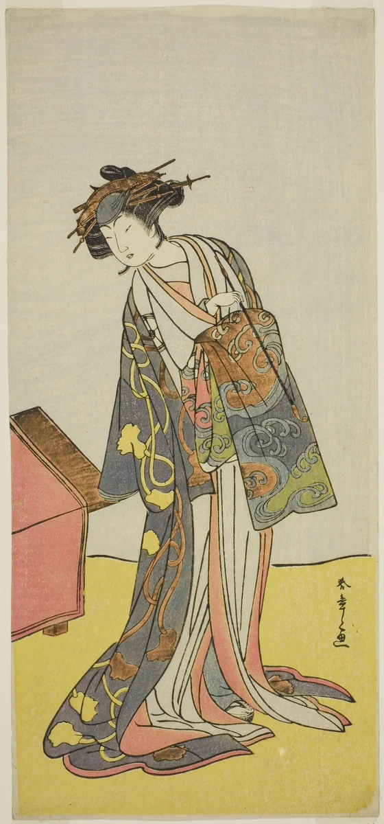 The Actor Iwai Hanshiro IV as the Courtesan Agemaki in the Play Sukeroku Yukari no Hatsu-zakura, Performed at the Ichimura Theater in the Third Month, 1776 by Katsukawa Shunsho (勝川 春章), print, 1771-1781