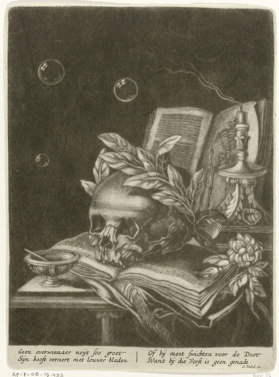 Vanitas stilleven by anonymous, print, 1662-1726