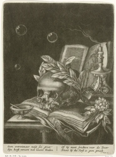 Vanitas stilleven by anonymous, print, 1662-1726