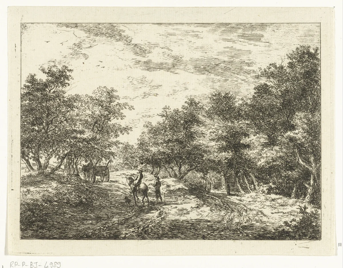 Pad door het bos met wagen, wandelaar en ruiter by Hermanus van Brussel, print, 1800-1815