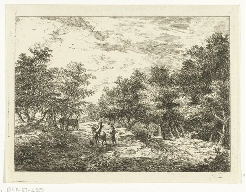 Pad door het bos met wagen, wandelaar en ruiter by Hermanus van Brussel, print, 1800-1815