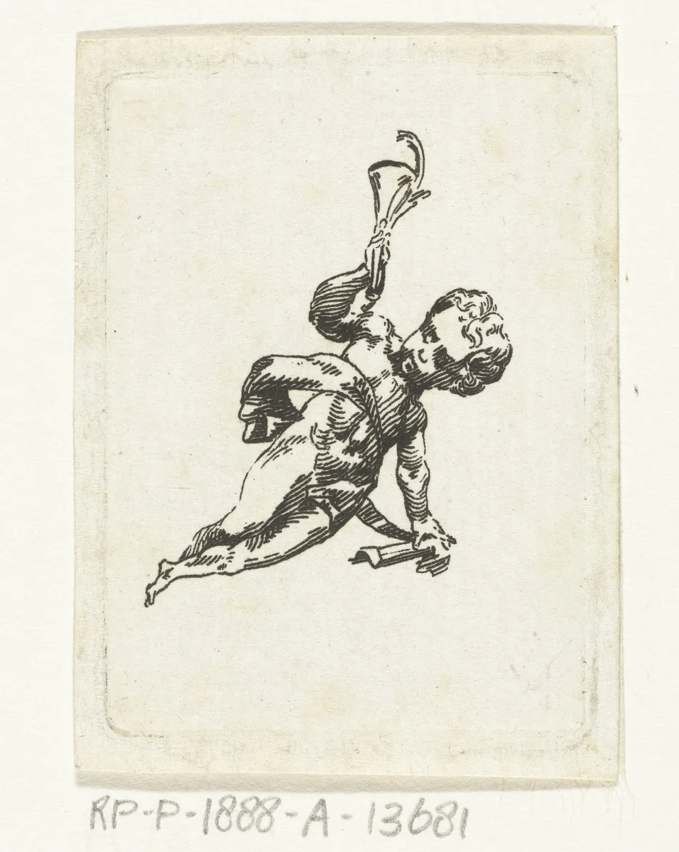 Vignet met putto met trompet en palmtak by Willem Bilderdijk, print, 1766-1831