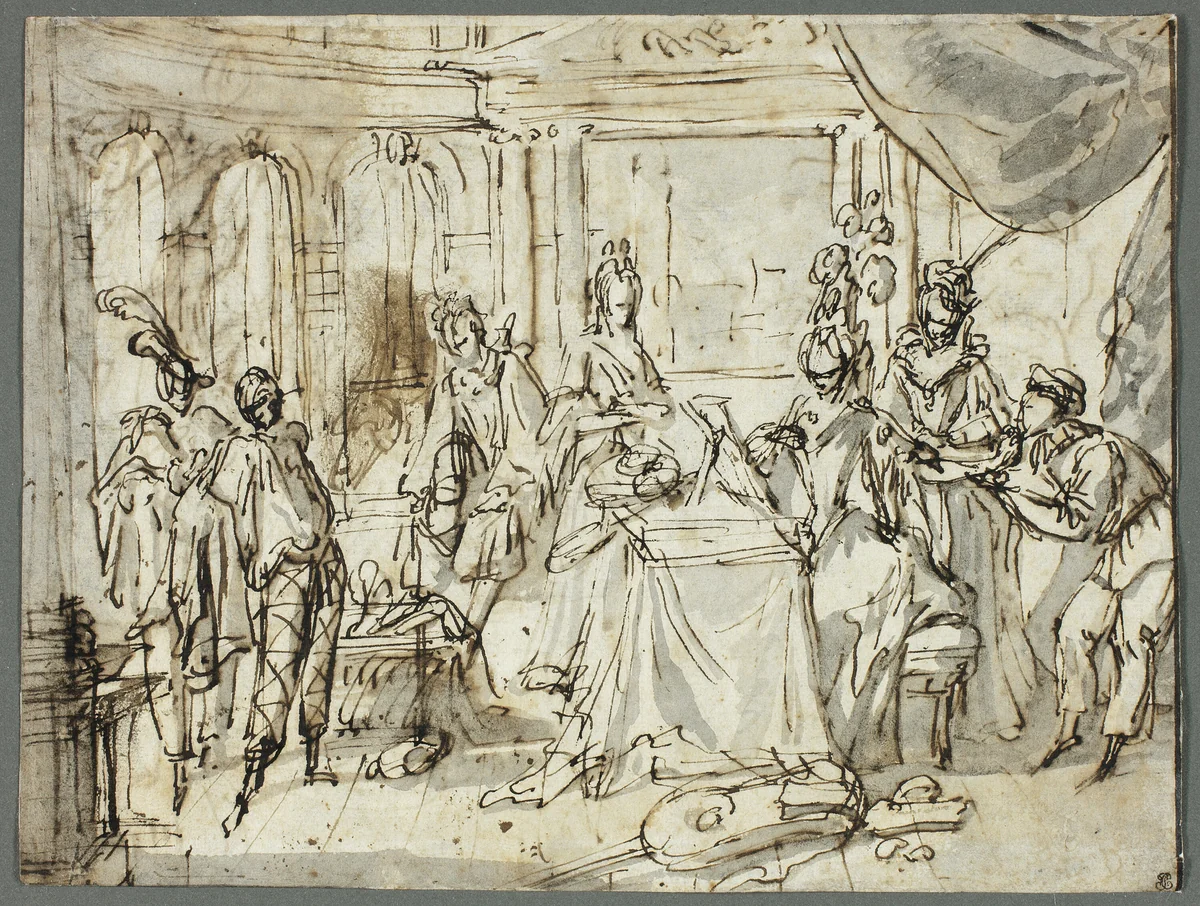 The Actors Making Ready (recto); Studies of the Holy Family and Saint John the Baptist (verso) by Claude Gillot, drawing, 1705-1710