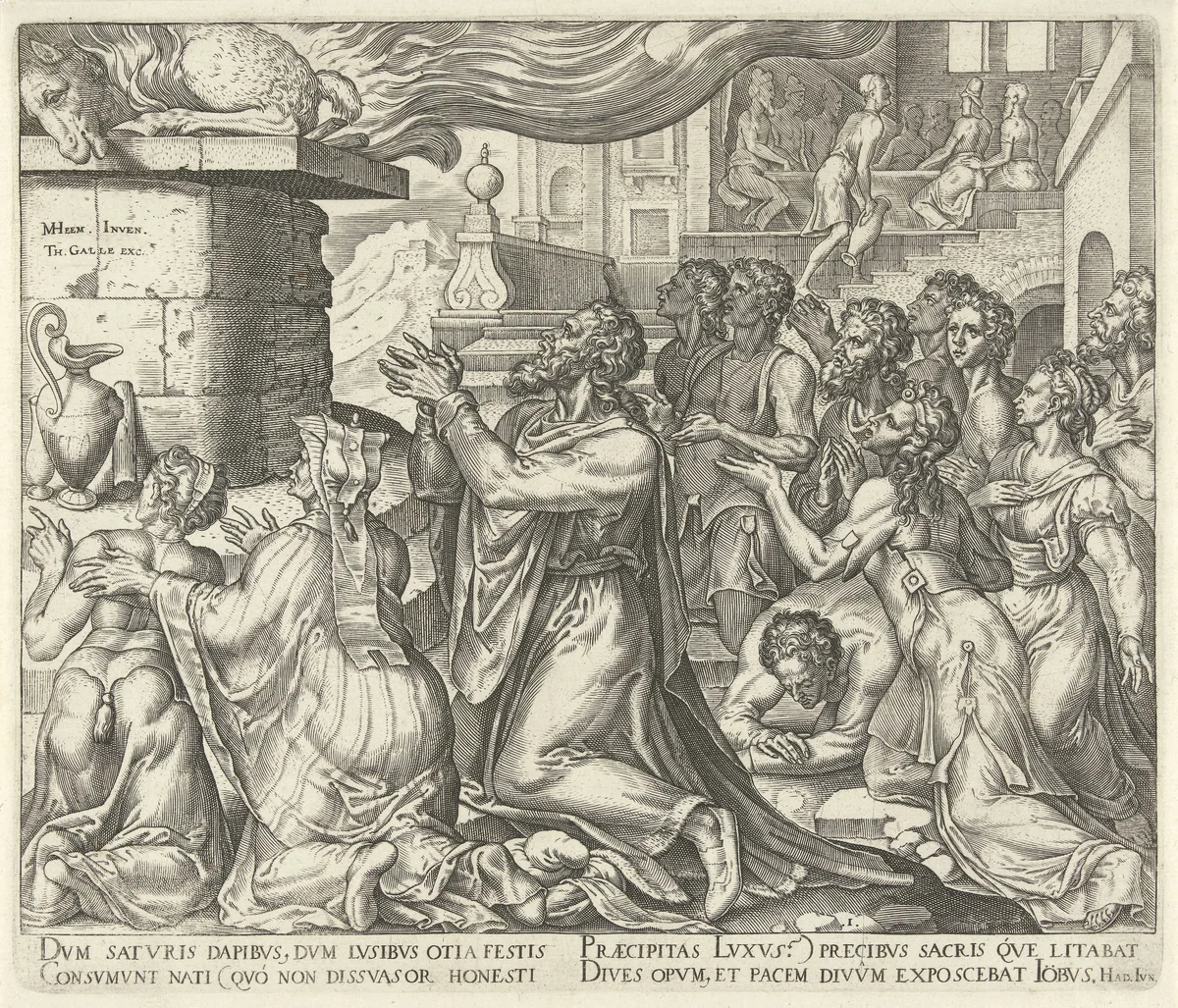 Job offert een lam voor de zonden van zijn kinderen by Philips Galle, print, 1563