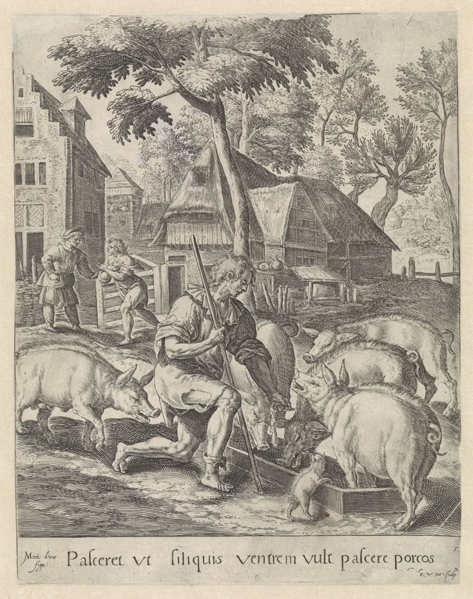 De verloren zoon als varkenshoeder by Unknown, print, 1580-1588