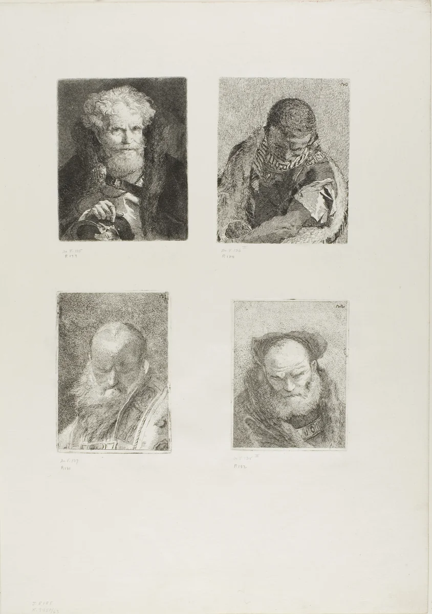 Old Man with a Helmet, Young Moor, Old Man with a Bare Head, Old Man with a Beard by Giovanni Domenico Tiepolo, print, 1775