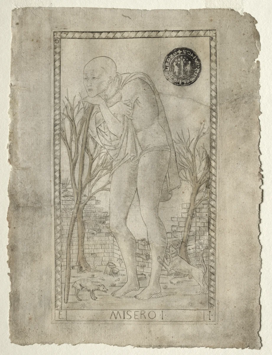 The Beggar (from the Tarocchi, series E: Conditions of Man, #1) by Master of the E-Series Tarocchi, print, 1457-1467