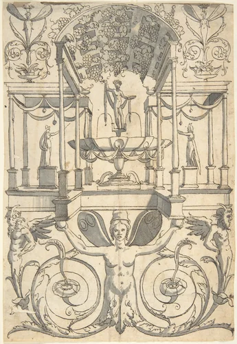 Grotesque with a Bacchus Fountain Placed in an Architectural Structure by anonymous, drawing, 1540-1570