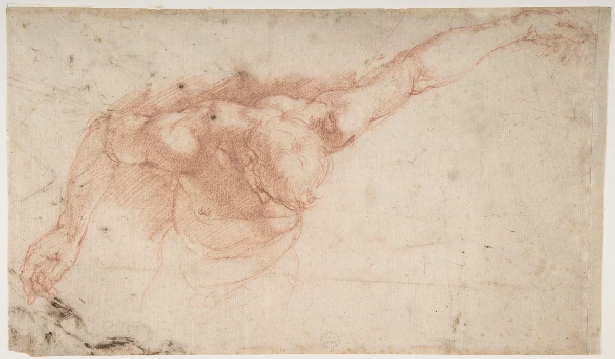 Half Figure of a Youth with Outstretched Left Arm and Bowed Head (recto); Two Women, One Holding a Vase, the Other a Book, and a Seated Man (verso) by Battista Franco, drawing, 1554-1561