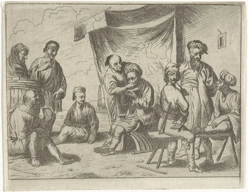 Islamitische galeislaven en zeelieden bij barbier by M. Schaep, print, 1649