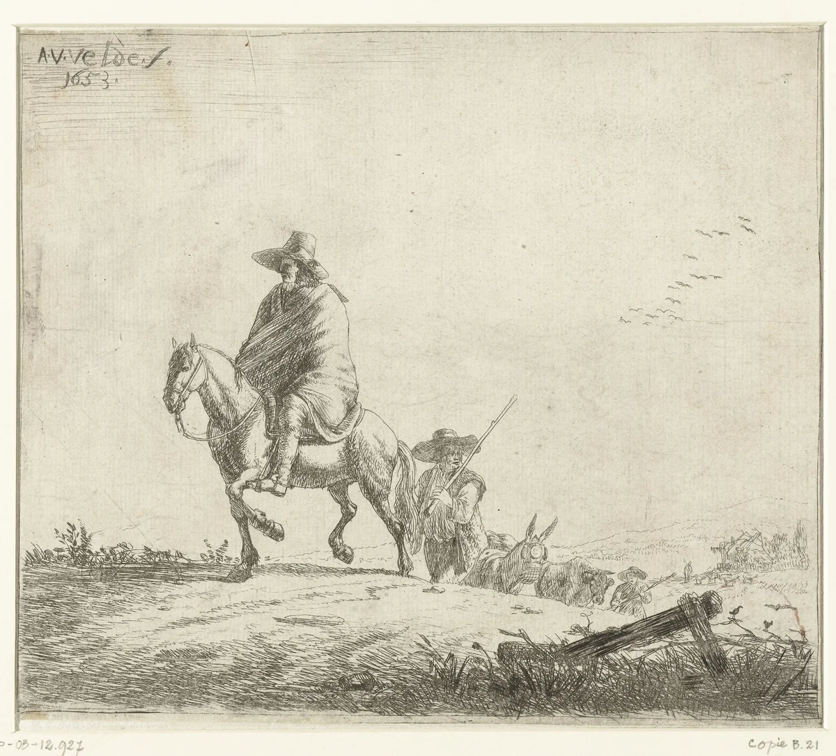 Ruiter en herders met vee op zandweg by anonymous, print, 1653-1722