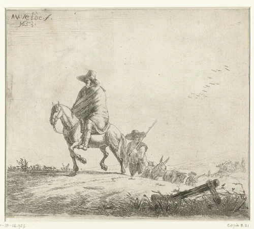 Ruiter en herders met vee op zandweg by anonymous, print, 1653-1722