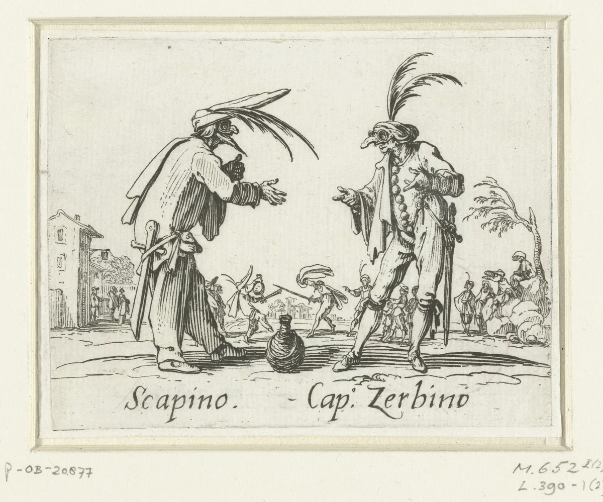 Twee straatartiesten als Scapino en Capitano Zerbino by Jacques Callot, print, 1621-1622