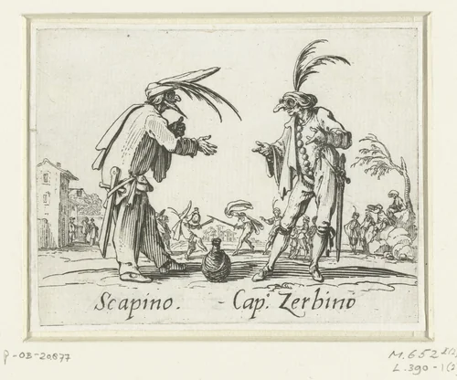 Twee straatartiesten als Scapino en Capitano Zerbino by Jacques Callot, print, 1621-1622