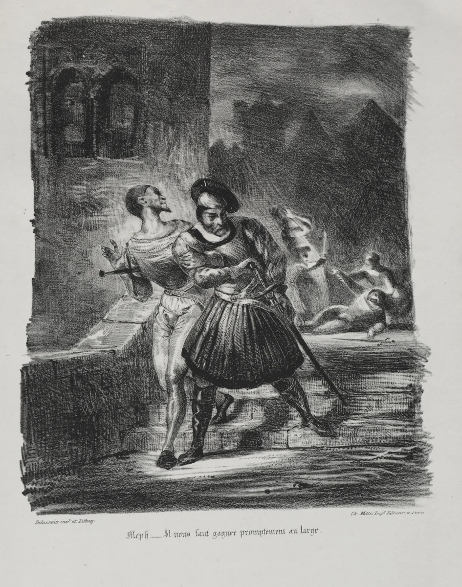 Illustrations for Faust: Méphistophélés and Faust flee after the duel by Eugène Delacroix, print, 1828