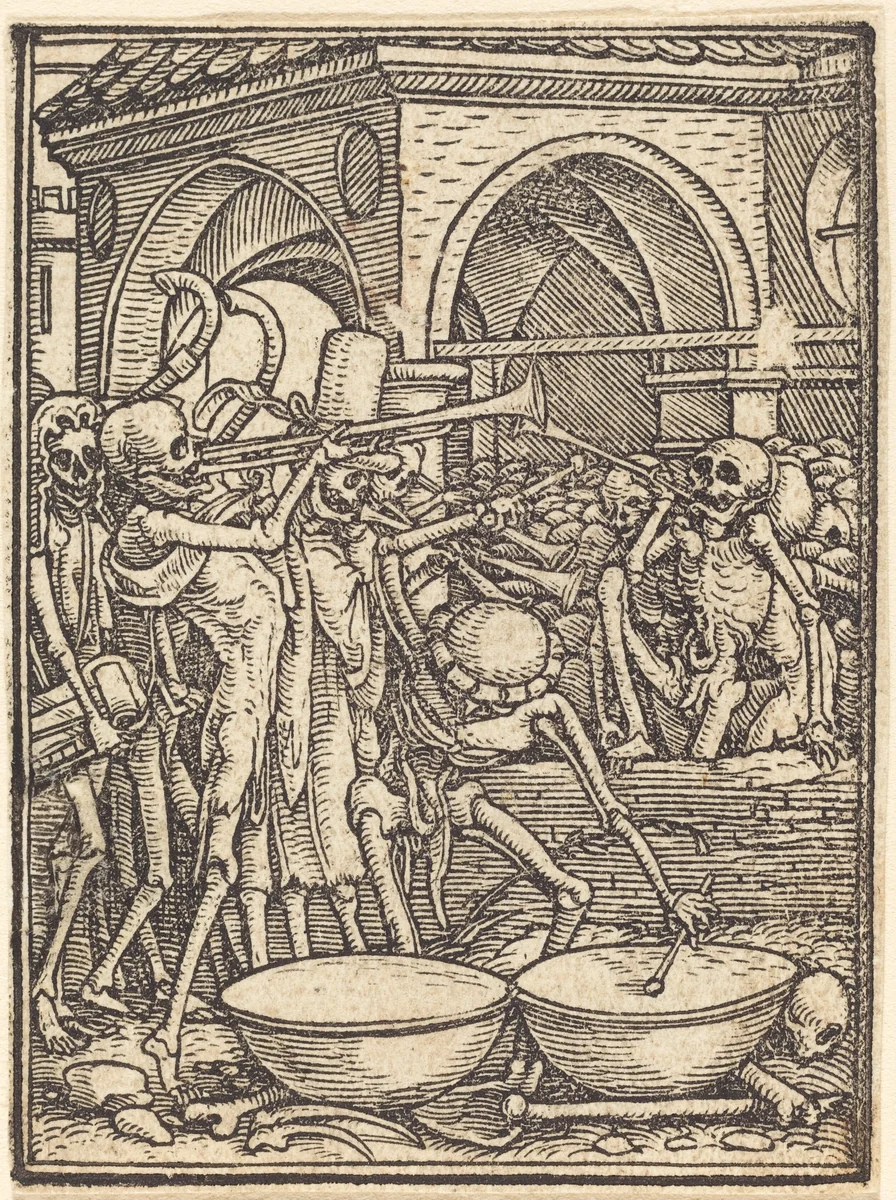 Skeletons Making Music by Hans Lützelburger, print, 1521-1531