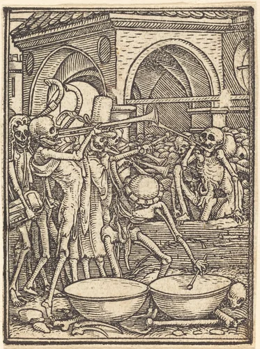 Skeletons Making Music by Hans Lützelburger, print, 1521-1531