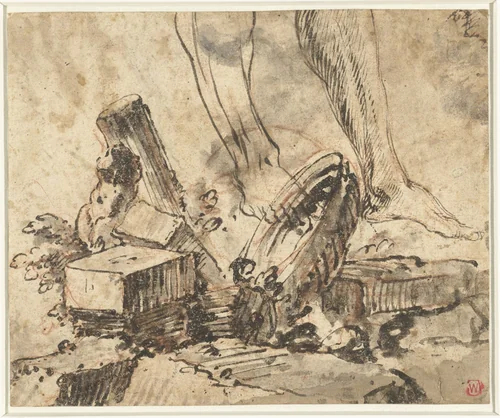 Marmerblokken, een antieke torso en een schaal by Giovanni Battista Piranesi, drawing, 1745-1750