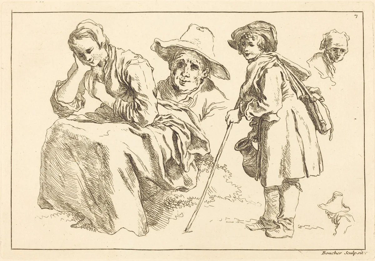 Figure Studies including Standing Boy Holding a Pitcher by François Boucher, print, 1735