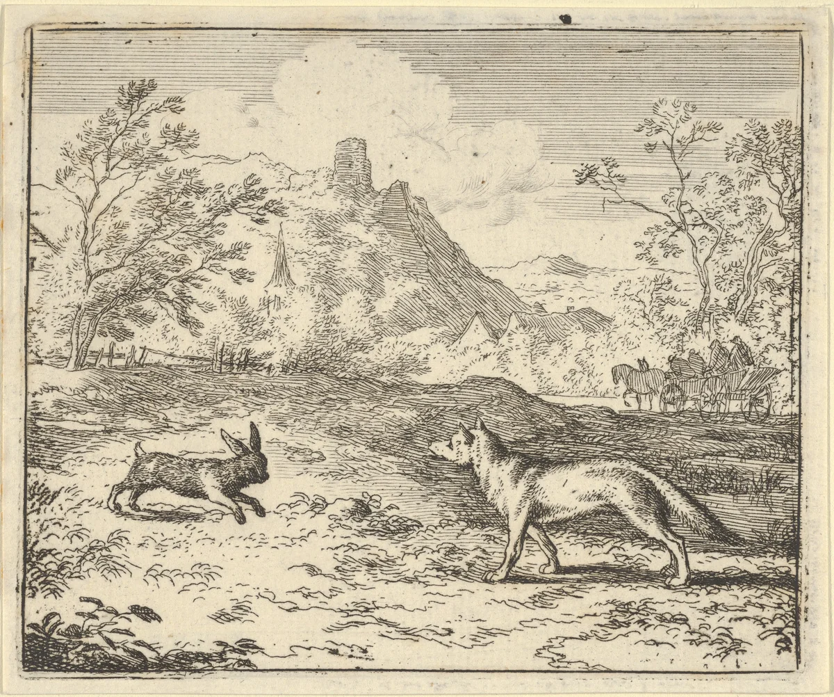 Renard Lies that the Rabbit Insulted One of His Children from Hendrick van Alcmar's Renard The Fox by Allart van Everdingen, print, 1650-1675