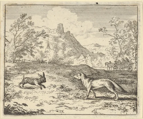 Renard Lies that the Rabbit Insulted One of His Children from Hendrick van Alcmar's Renard The Fox by Allart van Everdingen, print, 1650-1675